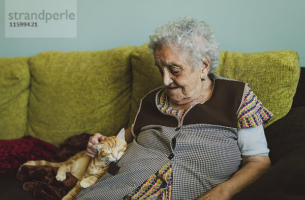 Seniorin sitzend auf der Couch streichelndes Kätzchen