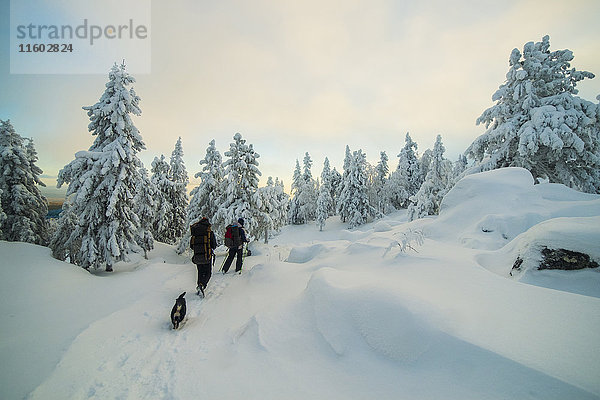 Kaukasische Männer wandern im verschneiten Wald mit Hund
