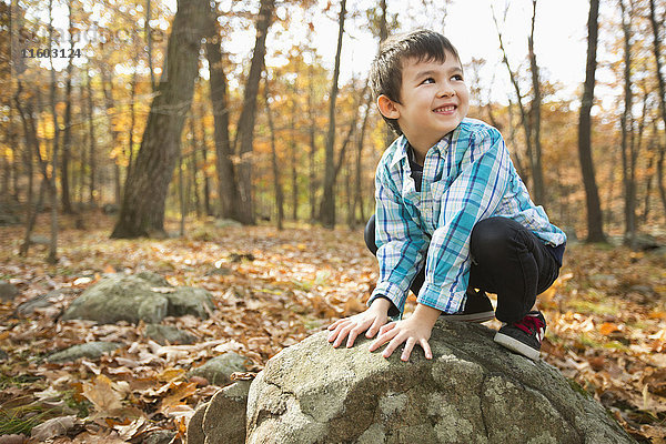 Lächelnder Mixed-Race-Junge  der im Herbst auf einem Felsen hockt