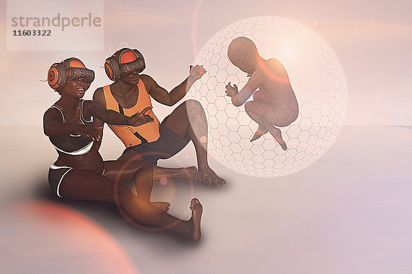 Paar mit Virtual-Reality-Helmen beobachtet schwebendes Baby