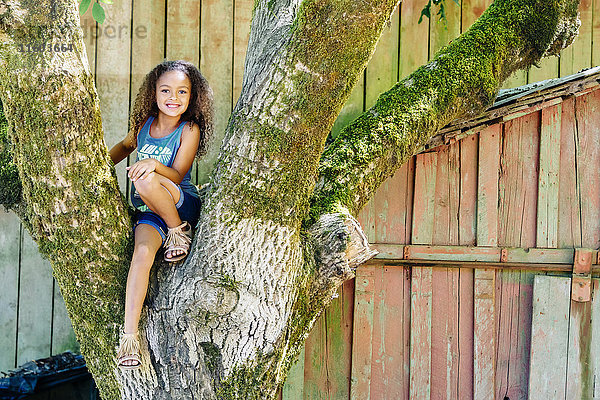 Mixed Race Mädchen sitzt im Baum