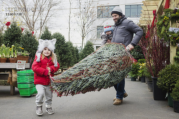 Kaukasischer Vater und Tochter mit eingepacktem Weihnachtsbaum