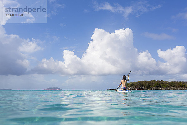 Kaukasische Frau paddelt auf einem Surfbrett auf dem tropischen Ozean