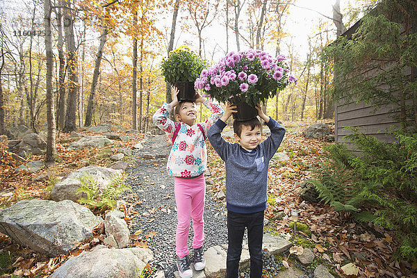 Mixed Race Bruder und Schwester balancieren Blumen auf dem Kopf