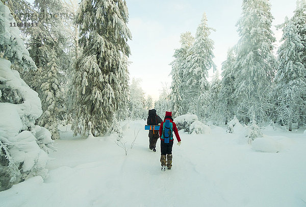 Kaukasisches Paar beim Wandern im verschneiten Wald