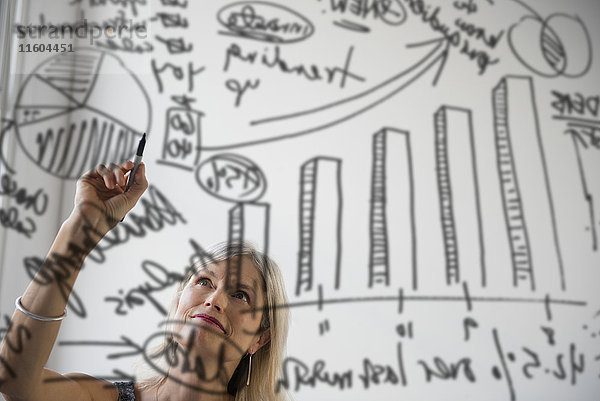 Kaukasische Geschäftsfrau zeichnet Diagramm auf Glasfenster