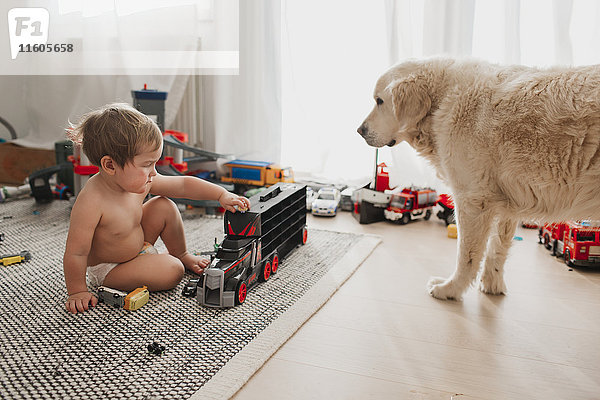 Junge und Hund im Zimmer