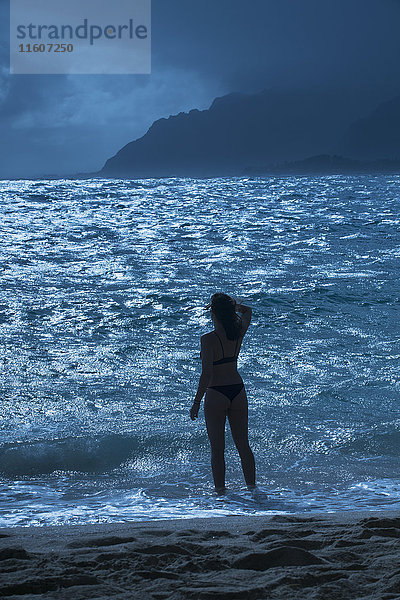 Rückansicht der am Strand stehenden Frau