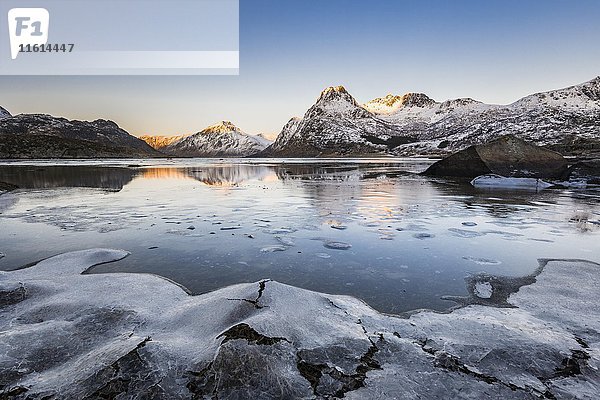Eis am Ufer des Fjords  Flakstadpollen  Flakstadøya  Lofoten  Norwegen  Europa