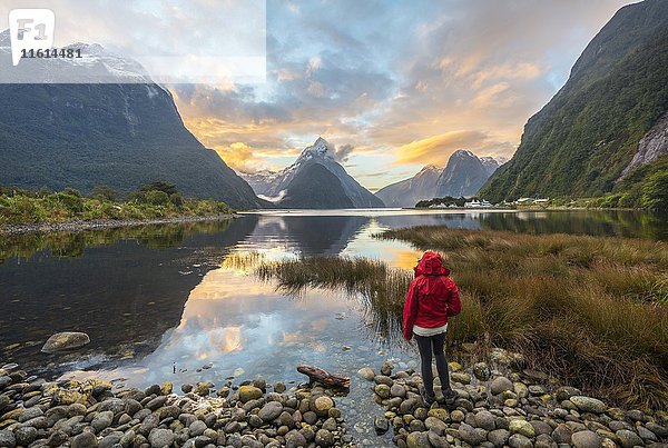 Tourist beim Betrachten der Landschaft  Miter Peak spiegelt sich im Wasser  Sonnenuntergang  Milford Sound  Fiordland National Park  Te Anau  Southland Region  Southland  Neuseeland  Ozeanien