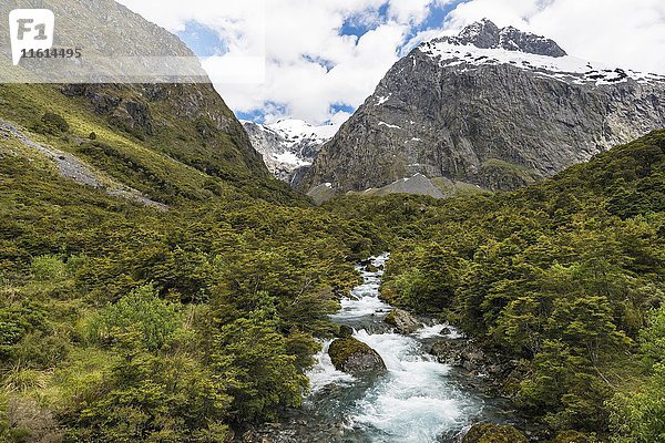 Hollyford River  der durch den Fiordland-Nationalpark fließt  am hinteren Mount Talbot  Milford Road  Südland  Neuseeland  Ozeanien