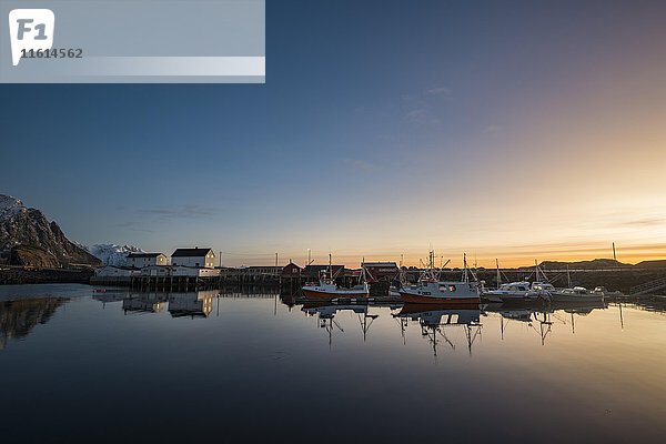 Morgenstimmung im Hafen  Hamnoy  Moskenesøy  Lofoten  Norwegen  Europa