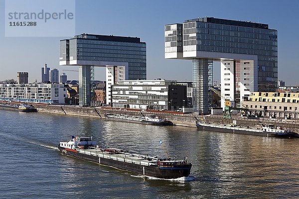 Frachtschiff  Kranhäuser  Rheinauhafen  Köln  Rheinland  Nordrhein-Westfalen  Deutschland  Europa