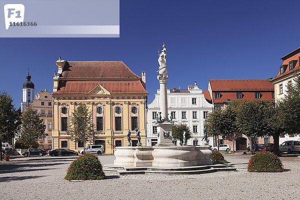 Karlsplatz mit Marienbrunnen  Neuburg an der Donau  Oberbayern  Deutschland  Europa