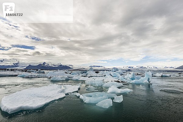 Treibende Eisberge in der Gletscherlagune Jökulsarlon  hintere Gletscherzunge des Vatnajökull  Island  Europa