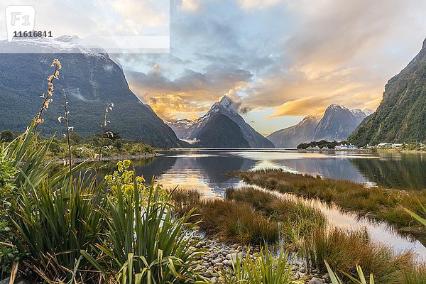 Mitre Peak  Sonnenuntergang  Milford Sound  Fiordland National Park  Te Anau  Southland Region  Southland  Neuseeland  Ozeanien