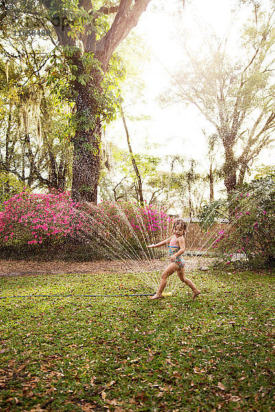 Mädchen im Badeanzug spielt im Gartensprinkler-Wasser