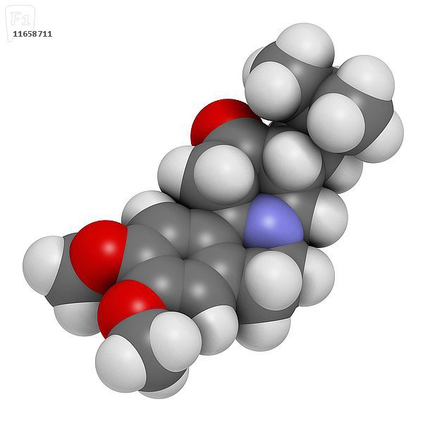 Arzneimittelmolekül Tetrabenazin für hyperkinetische Störungen. 3D-Wiedergabe. Die Atome sind als Kugeln mit konventioneller Farbkodierung dargestellt: Wasserstoff (weiß)  Kohlenstoff (grau)  Stickstoff (blau)  Sauerstoff (rot).