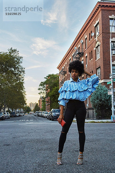 Porträt einer jungen weiblichen Mode-Bloggerin auf einer städtischen Straße  New York  USA
