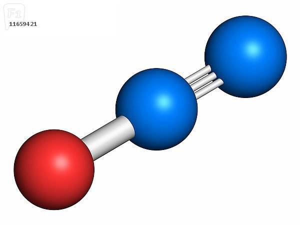 Distickstoffmonoxid (NOS  Lachgas  N2O) Molekül. Wird in der Chirurgie als Schmerz- und Narkosemittel und auch als Oxidationsmittel in Raketen- und Verbrennungsmotoren verwendet. Die Atome werden als Kugeln mit der üblichen Farbkodierung dargestellt: Stickstoff (blau)  Sauerstoff (rot).