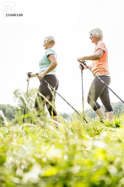 Zwei Frauen gehen mit Wanderstöcken im Gras.