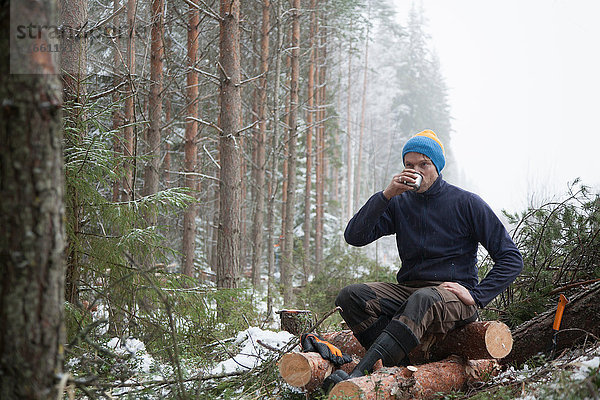 Holzfäller macht Pause bei Baumstämmen  Tammela  Forssa  Finnland