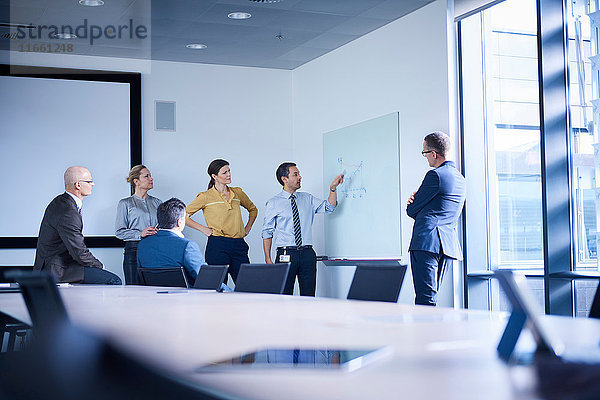 Geschäftsmann macht Whiteboard-Präsentation in Konferenzraum-Sitzung