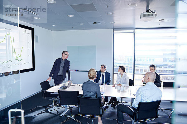 Geschäftsmann macht Flachbildschirm-Präsentation für Team im Sitzungssaal