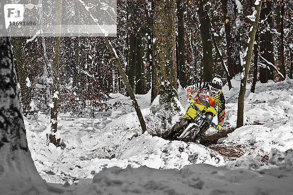 Mountainbiker fahren auf Waldwegen im Schnee