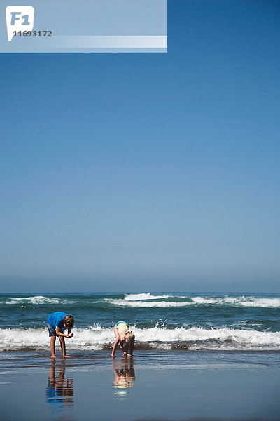 Junge und Mädchen sammeln am Strand von Manzanita  Oregon  USA