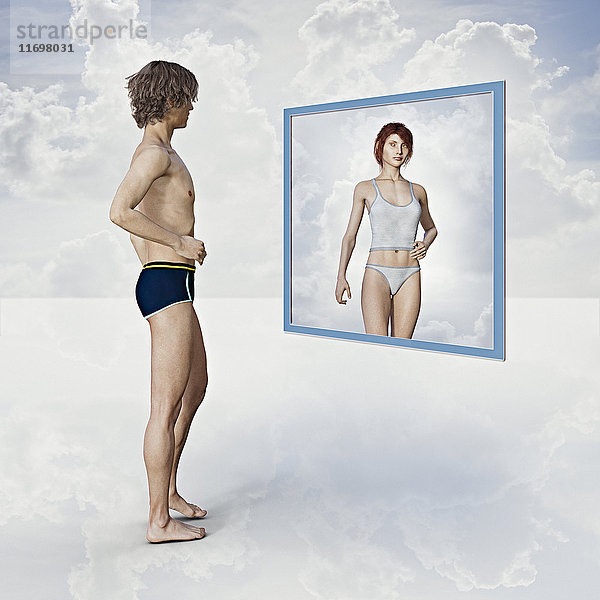 Mann sieht das Spiegelbild einer Frau in einem schwebenden Spiegel