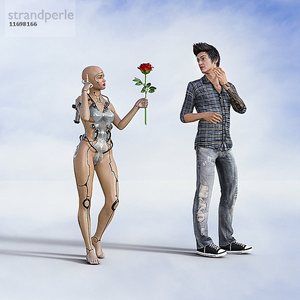 Frau Roboter bietet Rose an Mann