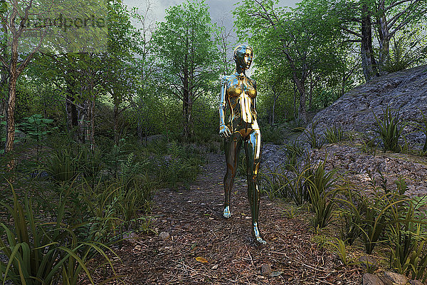 Frau Roboter zu Fuß auf Weg im Wald