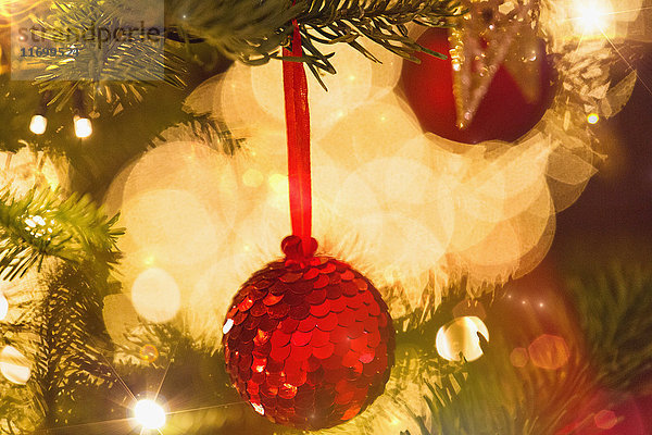 Close up rote Paillette Ornament hängen von Zweig der Weihnachtsbaum mit Lichterkette