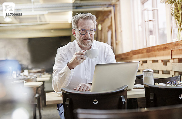 Portrait eines selbstbewussten reifen Geschäftsmannes im Cafe mit Laptop