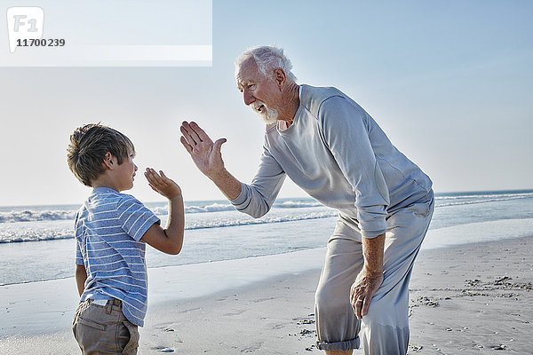 Großvater und Enkel High Fiving am Strand