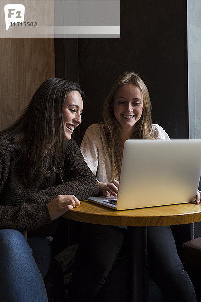 Zwei lächelnde Freunde  die in einem Café sitzen und auf den Laptop schauen.