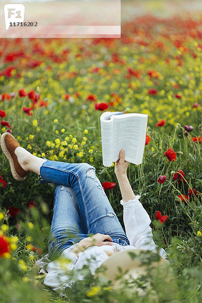 Frau  die auf einem Feld liegt und ein Buch liest.