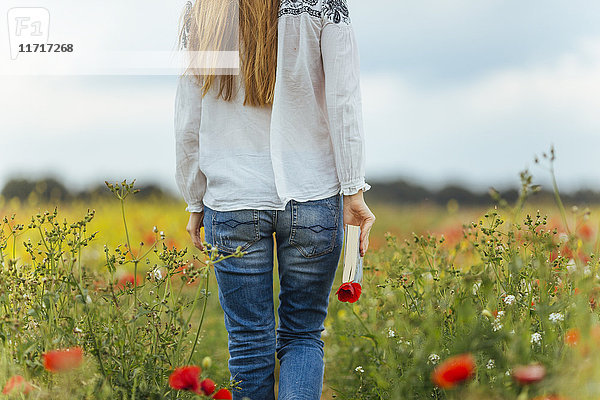 Frau geht in einem Blumenfeld spazieren und hält Buch