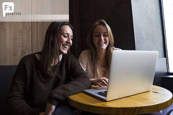 Zwei glückliche Freunde  die in einem Café sitzen und auf den Laptop schauen.