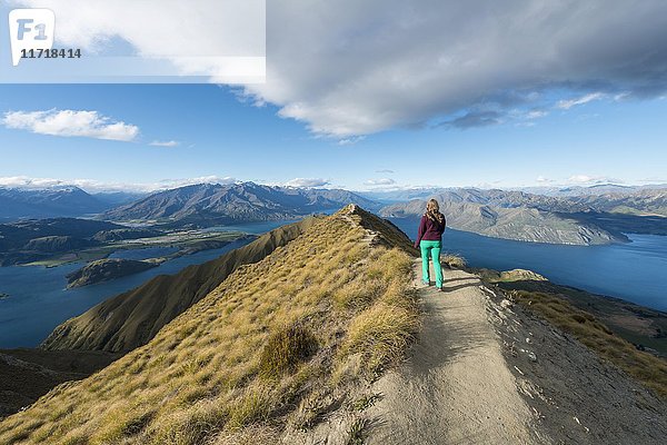 Frau beim Wandern auf einem Bergrücken  Blick auf Berge und See  Roys Peak  Lake Wanaka  Südliche Alpen  Region Otago  Südland  Neuseeland  Ozeanien