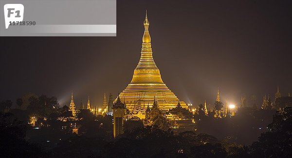 Beleuchtete Shwedagon-Pagode bei Nacht  Yangon  Myanmar  Asien