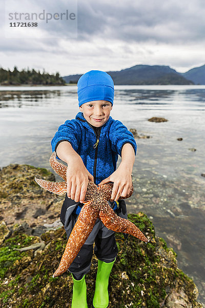 Junger Junge zeigt einen großen Seestern  Hesketh Island  Süd-Zentral-Alaska  USA