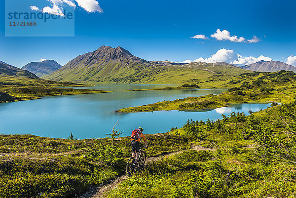 Ein Mann fährt mit einem Mountainbike auf dem Lost Lake Trail in der Nähe von Seward  Süd-Zentral-Alaska  USA