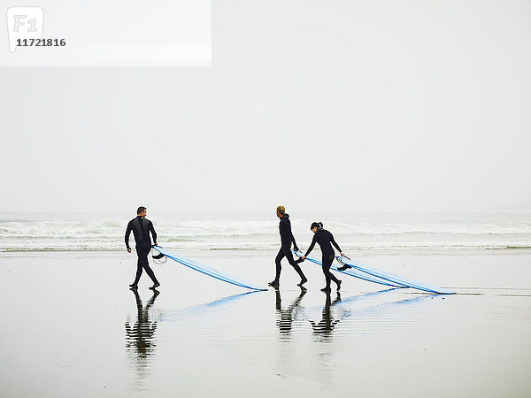 Surfer spazieren am nassen Strand von Cox Bay; Tofino  British Columbia  Kanada'.