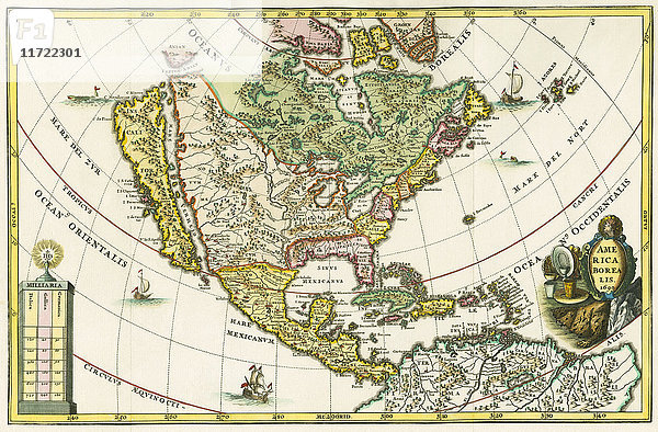 Amerika borealis. Karte von Nordamerika mit Kalifornien als Insel. Aus Heinrich Scherers Geographia hierarchica  einem Teil des siebenbändigen Atlas Novus  der erstmals zwischen 1702 und 1710 veröffentlicht wurde. Die 180 Karten in der Sammlung wurden wahrscheinlich um 1699-1700 erstellt. Diese Karte ist in der Kartusche auf 1699 datiert.