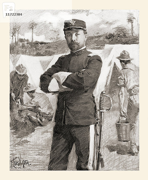 Brigadegeneral Frederick Funston von den 20th Kansas Volunteers kurz nach seiner Beförderung wegen Tapferkeit Frederick N. Funston  1865 - 1917  alias Fred Funston. General der US-Armee  der für seine Taten während des Philippinisch-Amerikanischen Krieges die Ehrenmedaille erhielt. Aus Harper's Pictorial History of the War With Spain  veröffentlicht 1899.