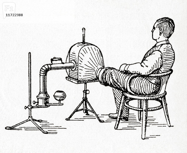 Ein Heißluftgerät aus dem 19. Jahrhundert  das zur Erwärmung von Gliedmaßen verwendet wurde. Aus Meyers Lexikon  veröffentlicht 1927.