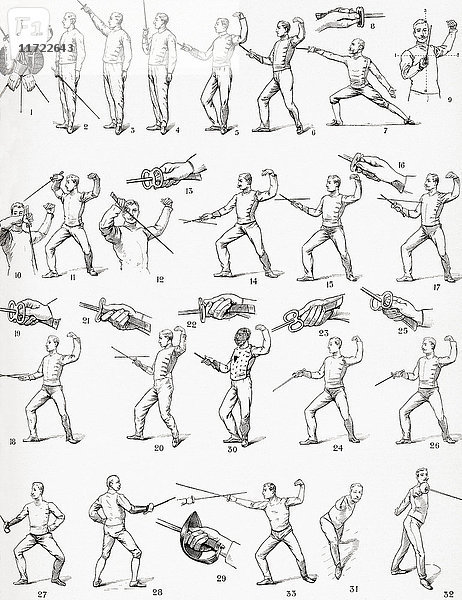Bewegungen beim Fechten. Aus der Enciclopedia Ilustrada Segui  veröffentlicht um 1900