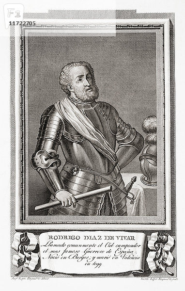 Rodrigo Díaz de Vivar  ca. 1040 - 1099  auch bekannt als El Cid  El Campeador oder Rodrigo. Kastilischer Adliger und militärischer Führer im mittelalterlichen Spanien. Nach einer Radierung in Retratos de Los Españoles Ilustres  veröffentlicht in Madrid  1791
